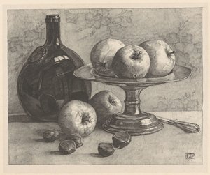 Bodegón con una botella, un cuenco, manzanas, castañas y un cuchillo de Corrie Pabst