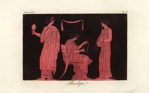 Una representación de Penélope, esposa de Odiseo, con sus asistentes