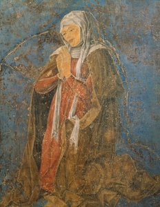 Decano, detalle Virgen de la Señal, escena del Mes de Agosto, atribuida a Cosimo Tura (circa 1430-1495) y al Maestro de Ercole, fresco, pared norte, Salón de los Meses, Palacio Schifanoia (Palacio de la Alegría), Ferrara, Italia, circa 1470