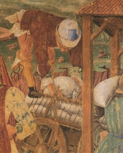 Comerciante trabajando, detalle de Triunfo de Ceres, escena del Mes de Agosto, atribuida a Cosimo Tura