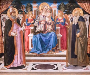 La Virgen y el Niño entronizados con ángeles, San Nicolás y San Antonio abad de Cosimo Rosselli