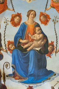 Virgen con el Niño en la gloria, San Ambrosio, San Francisco de Asís, Dios Padre y ángeles