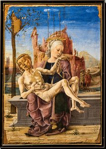 Lamentación, de Cosmé Tura, c.1460. En la parte superior izquierda del cuadro, aparece un mono agarrado a las ramas de un manzano. Es una alusión al árbol del Bien y del Mal y a la tentación del Diablo en el Paraíso terrenal.
