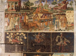 Triunfo de Júpiter y Cibeles y Signo de León, escenas del Mes de Julio, fresco, pared norte, Sala de los Meses, Palacio Schifanoia, Ferrara, Italia, circa 1470