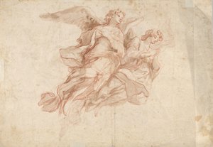 Dos ángeles volando, verso: Dios Padre sentado en las nubes y un boceto de una figura volando de Cosmas Damian Asam