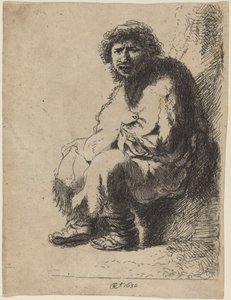 Mendigo sentado en un banco de Costantino Cumano after Rembrandt van Rijn