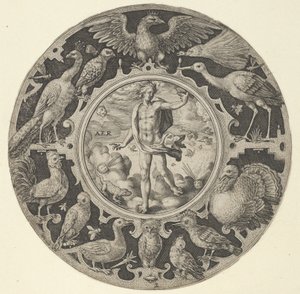 Aer en un borde decorativo con pájaros, de una serie de diseños circulares con el F...
