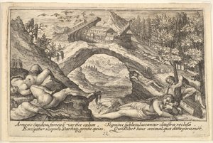 Secuelas del diluvio: cuerpos humanos esparcidos en tierra seca en primer plano, el arca de Noé amarrada..., 1612