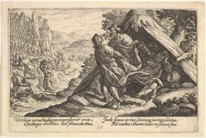 La embriaguez de Noé: Sem y Jafet cubren el cuerpo desnudo de Noé, que yace en una tienda, 1612 de Crispijn de Passe I