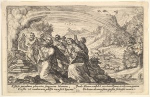 Dios entra en un pacto con Noé: junto a una pira humeante Noé se arrodilla en un gesto de p..., 1612 de Crispijn de Passe I