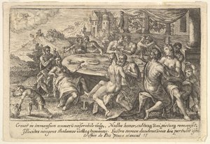 La humanidad rindiéndose a la lujuria antes del Diluvio: parejas abrazadas en bancos alrededor de una mesa, 1612 de Crispijn de Passe I