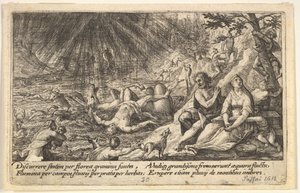 El comienzo del diluvio: hombres y mujeres suben a terrenos más altos a la derecha, el agua los alcanza, 1612 de Crispijn de Passe I