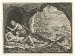 Peleo acecha a la dormida Tetis
Metamorfosis de Ovidio (título de la serie) de Crispijn van de Passe (II)