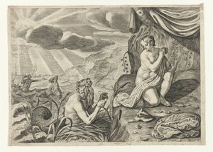 Escila huyendo de Glauco
Glaucio enamorado de Escila (título en el objeto)
Las Metamorfosis de Ovidio (título de la serie) de Crispijn van de Passe (II)