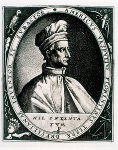 Retrato de Américo Vespucio, inscripción "Americus Vesputius Florentinus Terrae Bresilianae Inventoret Subactor" de Crispin I de (after) Passe
