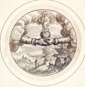 Manos sosteniendo un corazón ardiente y una corona imperial con vista del Circo Máximo