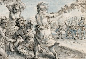 Ménades venciendo a Penteo, principios del siglo XVII (pluma y tinta marrón con lavados marrones, azules y grises)