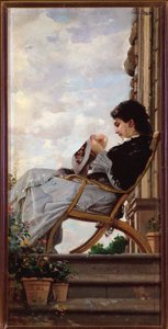 Mujer cosiendo en la terraza