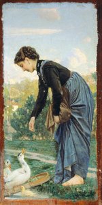 Joven mujer alimentando un pato, por Cristiano Banti