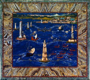 Mesa con representación del puerto de Livorno, c.1601-04 (piedras preciosas, madera, esmalte)