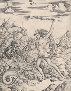 Hércules y la Hidra, empuñando una antorcha ataca a la Hidra alada y de múltiples cabezas, ca. 1500-1520 de Cristofano di Michele Martini