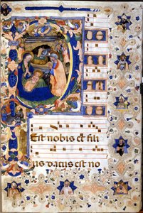 Coro del siglo XV con una letra "P" miniaturizada representando la natividad por Cristoforo Cortese. Principios del siglo XV de Cristoforo Cortese