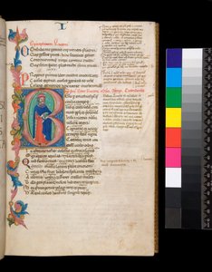 Ms 325. Lucano, Bellum Civile, y otras obras, f.10r. Inicial iluminada [B], habitada por un retrato de autor de cuerpo entero, extendiéndose en un borde parcial de follaje, c.1400-10 (pergamino)