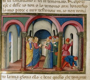 Jesús fue interceptado cerca del templo de Salomón por judíos que le pidieron que demostrara su identidad (Miniatura de Cristoforo De Predis, 1440-1486, después de la Historia del Nuevo Testamento) de Cristoforo De Predis