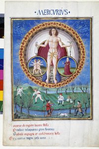 Mercurio con signos del zodiaco de la Virgen y los Gemelos. Abajo, campesinos trabajando en los campos. Miniatura realizada por Cristoforo de Predis (v. 1440-v. 1486) - en 