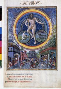 Saturno con signos del zodiaco de acuario y capricornio. Abajo, las escenas de juego y su influencia en los hombres. Miniatura realizada por Cristoforo de Predis (v. 1440-v. 1486) - en 