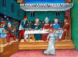 Durante el banquete de Herodes, Salomé entrega la cabeza de Juan (c. 144r). 1476 de Cristoforo De Predis