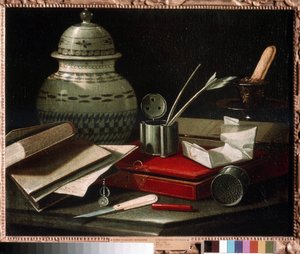 Bodegón con utensilios de escritura. Tinta y tintero con pluma, sobre, estuche que probablemente contenga utensilios de escritura y abrecartas. Pintura de Cristoforo Monari (Munari) (1667-17)