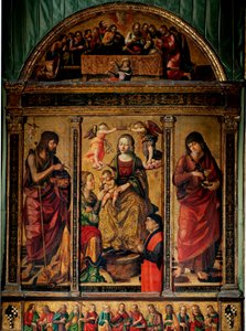 Tríptico del matrimonio místico de Santa Catalina, rodeado por los Santos Juan Bautista y Juan Evangelista
