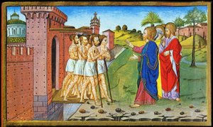 Jesús y los leprosos. Miniatura de Cristoforo de Predis - en Historia del nuevo testamento