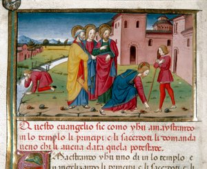 Jesús da vista a un ciego de nacimiento (Miniatura de Cristoforo De Predis, 1440-1486, después de la Historia del Nuevo Testamento, fol. 7)