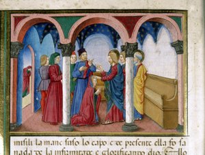 Jesús endereza a una mujer con miembros torcidos en una sinagoga (Miniatura de Cristoforo De Predis, 1440-1486, después de la Historia del Nuevo Testamento, fol. 78) de Cristoforo De Predis