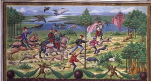 La Caza detalle en “Influencia de Marte”: caza y tribunal. Miniatura realizada por Cristoforo de Predis (v. 1440-v. 1486) - en “De Sphaera” d