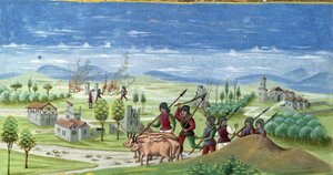 Saqueo durante la guerra (detalle). Miniatura realizada por Cristoforo de Predis (v. 1440-v. 1486) - en “De Sphaera” d