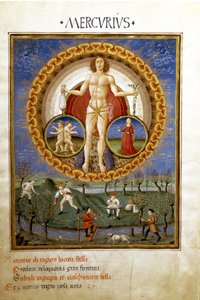 Mercurio con los signos del zodiaco de Virgo y Géminis. Campesinos trabajando en los campos (miniatura, c.1470) de Cristoforo De Predis