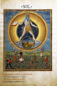 Sol con el signo zodiacal de Leo. Escenas de ejercicios físicos de hombres. (miniatura, c.1470)