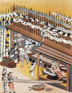 Artesanos trabajando, pintando biombos de seda, período Edo (1600-1868) de Culture Edo