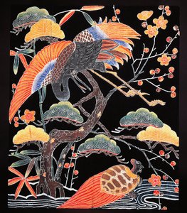 Detalle de grullas y tortuga de cola larga (tsurugame) del tejido del kimono con motivos auspiciosos, civilización japonesa, periodo Edo de Culture Edo
