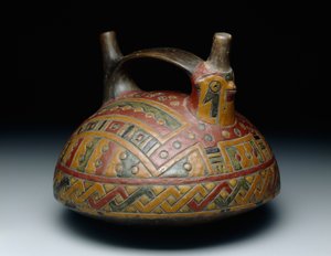 Vasija con doble pico y asa en forma de correa que representa un halcón, Horizonte Temprano, Época 8, c.500-400 a.C. de Culture Paracas