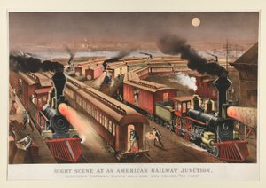 Escena nocturna en un cruce ferroviario americano de Currier and Ives