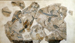 Arte cicládico: fragmento de fresco que representa peces voladores (golondrinas de mar). del sitio de Phylakopi (isla de Melos) 2500 a.C. Dim. 23 cm Atenas, museo arqueológico nacional - Arte cicládico: fragmentos de un fresco que representa peces voladore de Cycladic