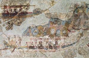 Flota de barcos, fresco de Thera, Islas Cícladas del Sur, Grecia, civilización cicládica, 3er-2do milenio a.C.