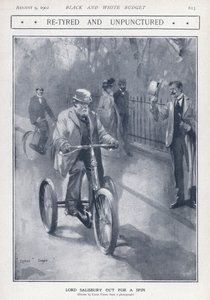 Político conservador inglés y primer ministro Lord Salisbury montando un triciclo de Cyrus Cuneo