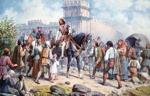 Carlos IV saludando a la gente común durante su expansión de las fortificaciones de Praga en 1361, postal de principios del siglo XX de Czech School