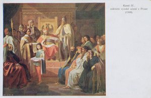 Fundación de la Universidad Alemana en Praga por Carlos IV en 1348, postal de principios del siglo XX de Czech School