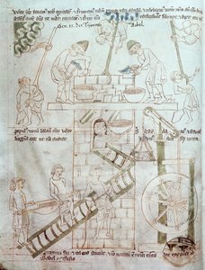 Ms 23 C 124 fol.3 La construcción de la Torre de Babel, de la Biblia de Velislav, c.1340 de Czech School